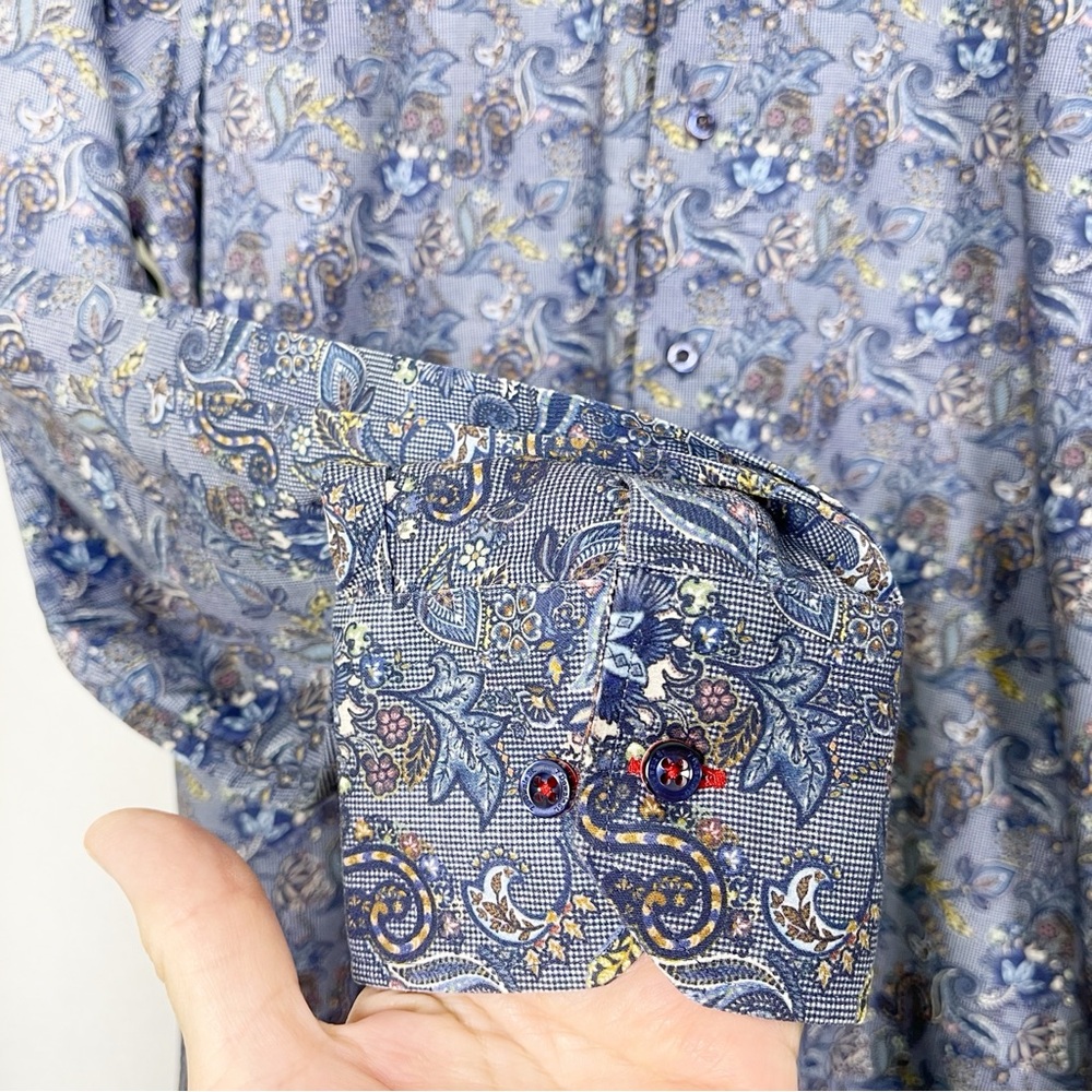 7 Downie St. Men Blue‎ Floral Paisley Dress Shirt Size Large Canadian Designer - Picture 5 of 10